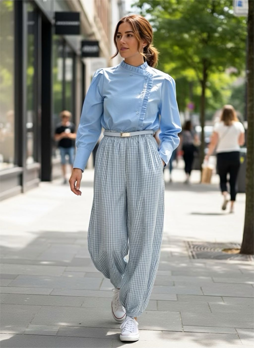 Pantalón Bombacho Vichy Azul Claro