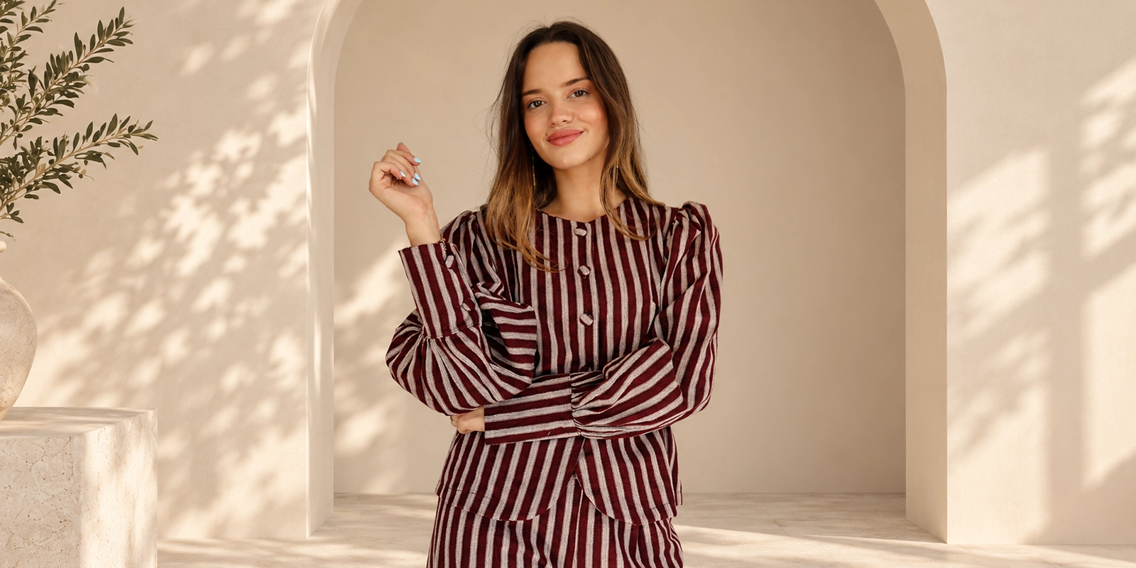 Modelo con conjunto de dos piezas de rayas burdeos y beige de Panttac