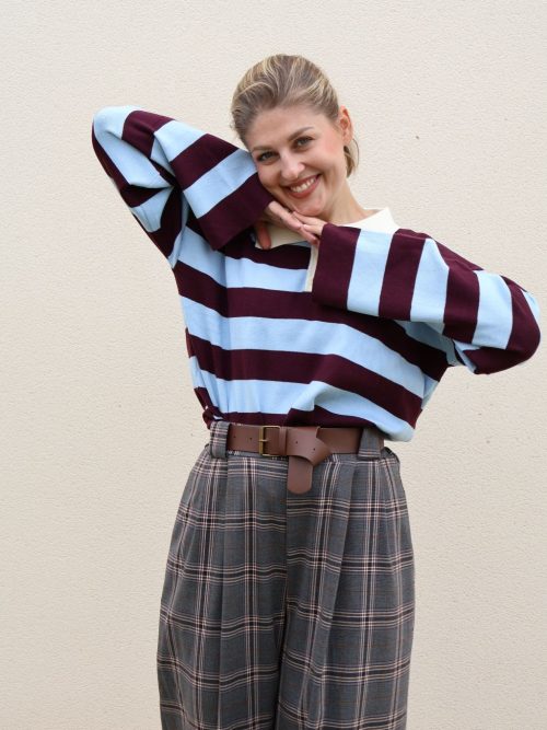 Polo de punto de rayas azul claro y berenjena para mujer de PANTTAC
