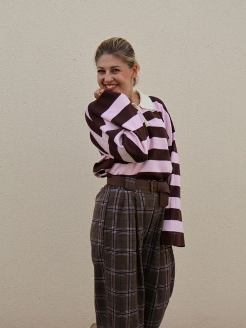 Pantalón palazzo marrón de cuadros para mujer con cinturón y bolsillos PANTTAC