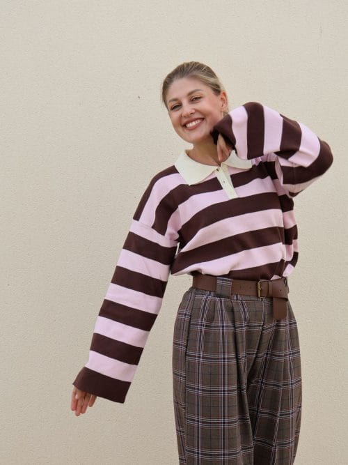 Polo de punto rosa y marrón a rayas para mujer con cuello en contraste PANTTAC