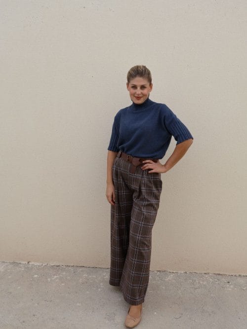 Pantalón palazzo marrón de cuadros para mujer con cinturón y bolsillos PANTTAC